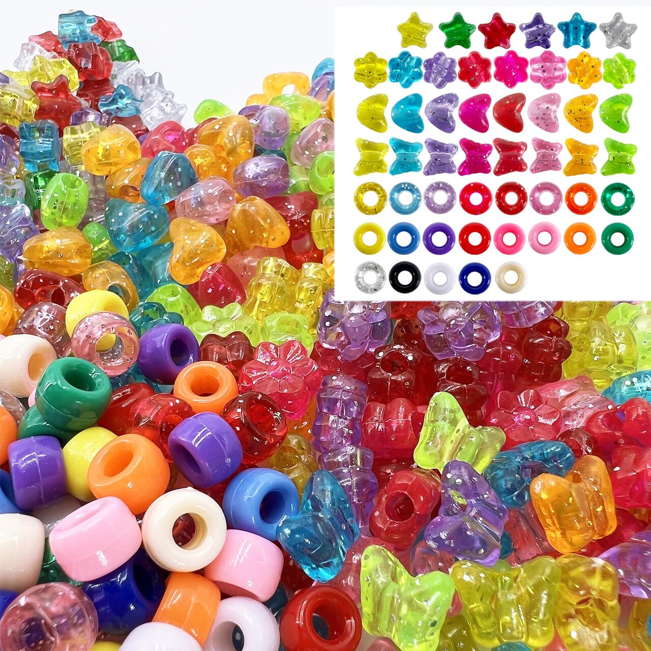 MIIIM 1000Pcs 6x9mm Pony Beads Shapes in 5 Styles 21 Colors, Heart, Star, Butterfly, Flower, Assorted Kandi Beads for Friendship Bracelet, Big Hole Hair Braids Crafts, Jewelry Making (Multi-Glitter)